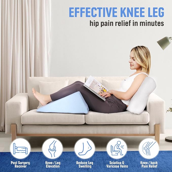 Knee Wedge Pillow Pure Memory Foam, 8" Triangle Knee Pillow for Back Sleeping or Post Surgery, Leg Pillow Bed Wedge for Knee Support Leg Elevation Sciatica Knee Hip Back Pain Relief - LeafyLoom