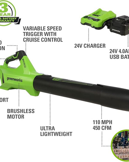 Greenworks 24V (110 MPH / 450 CFM / 125+ Compatible Tools) Cordless Brushless Axial Leaf Blower, 4.0Ah Battery and Charger Included - LeafyLoom