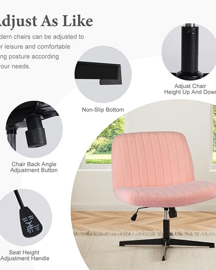 Sweetcrispy Criss Cross Chair Legged, Armless Office Desk Chair No Wheels, Swivel Vanity Chair, Height Adjustable Wide Seat Computer Task Chair, Fabric Vanity Modern Home Chair Pink - LeafyLoom