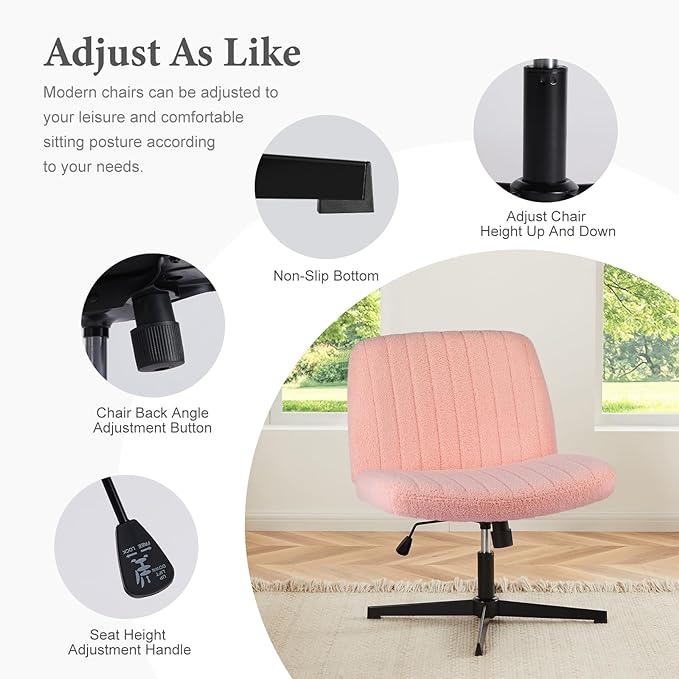 Sweetcrispy Criss Cross Chair Legged, Armless Office Desk Chair No Wheels, Swivel Vanity Chair, Height Adjustable Wide Seat Computer Task Chair, Fabric Vanity Modern Home Chair Pink - LeafyLoom