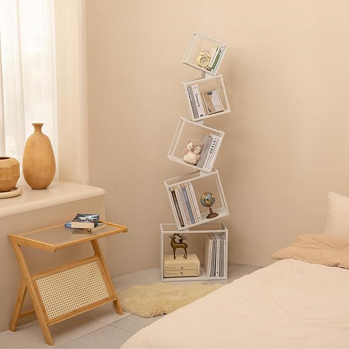 Bookshelf, 5-Tier Bookcase White, 67" Tall White Bookshelf, 5 Tier Bookshelf, Industrial Bookshelf, Modern Book Storage, Storage Shelves for CDs/Books/Home Decor, Display Shelf - LeafyLoom