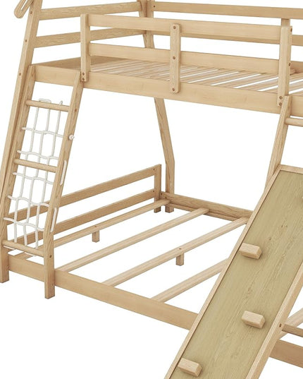 Twin Over Queen House Shape Bunk Bed, Wooden Bunk Beds House Bed with Climb Nets and Climbing Ramp for Kids Boys Girls Bedroom, No Box Spring Needed, Natural - LeafyLoom