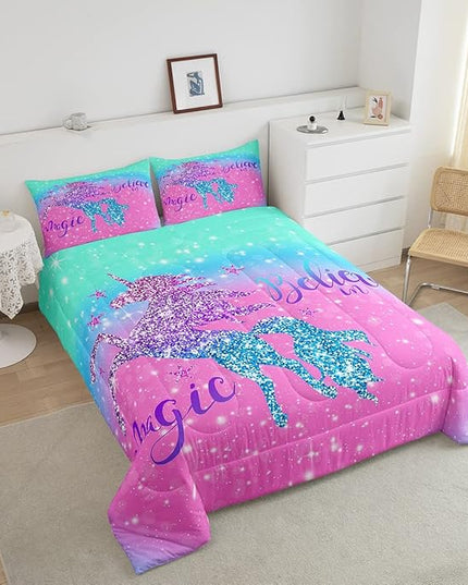 Unicorn Duvet Insert Queen Size,Glitter Starry Sky Comforter Set,Pink Blue Gradient Bedding Set,Sparkel Sequins Animal Down Comforter For Girls Teens Women Youth,3Pcs Magical Unicorn Quilt Comforter - LeafyLoom