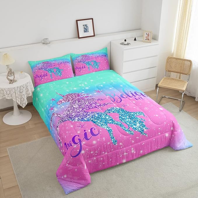 Unicorn Duvet Insert Queen Size,Glitter Starry Sky Comforter Set,Pink Blue Gradient Bedding Set,Sparkel Sequins Animal Down Comforter For Girls Teens Women Youth,3Pcs Magical Unicorn Quilt Comforter - LeafyLoom