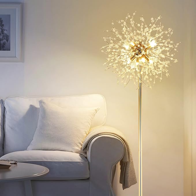 69 inch Crystal Floor Lamp, Modern Standing Lamp with K9 Crystal, LED Floor Lamp with On/Off Foot Switch, Metal Tall Pole Lamp for Living Room, Girls Room, Bedroom, Dresser, Office, Gold Finish - LeafyLoom