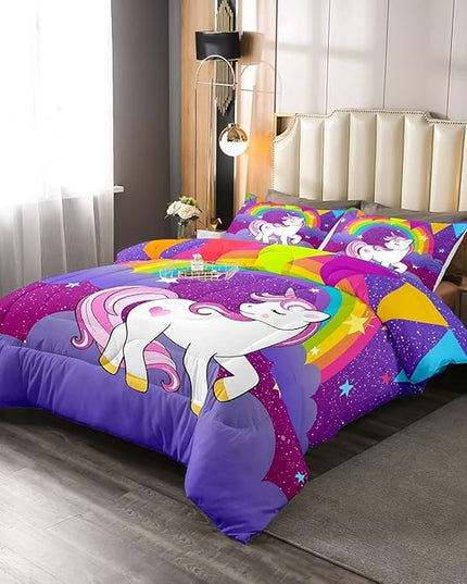 Girls Unicorn Comforter Set King Girls Bedding Set Cute Rainbow Unicorn Print Down Comforter Kids Cartoon Kawaii Duvet Set Galaxy Stars Fantasy Girls Room Decor Children Unicorn Reversible Purple - LeafyLoom