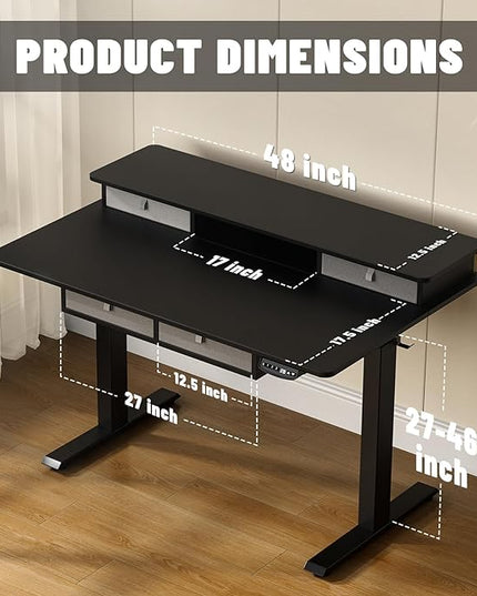 48 * 30 Inches Electric Standing Widened Desk Adjustable Height with 4 Drawers, Double Storage Shelves Stand Up Desk, Home Office Workstation Sit Stand up Desk (Classical Black) - LeafyLoom