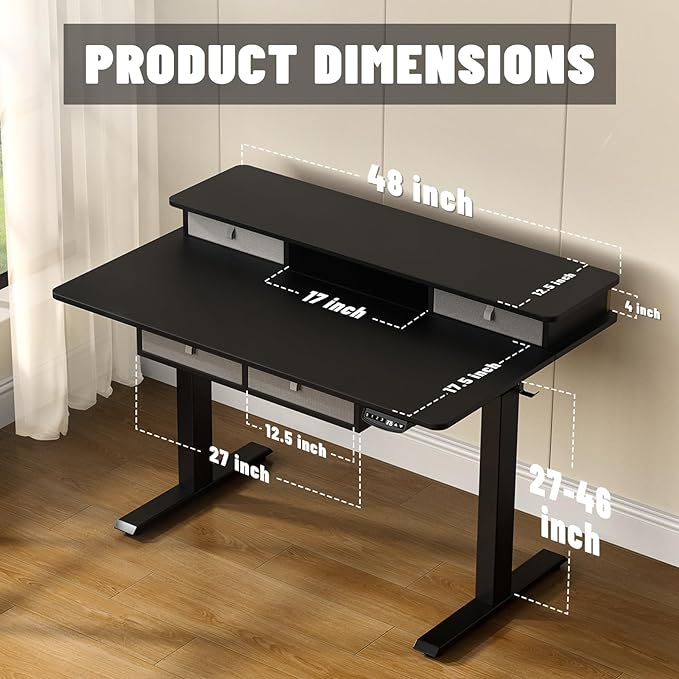 48 * 30 Inches Electric Standing Widened Desk Adjustable Height with 4 Drawers, Double Storage Shelves Stand Up Desk, Home Office Workstation Sit Stand up Desk (Classical Black) - LeafyLoom