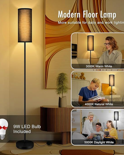 BoostArea Floor Lamps for Living Room, Dimmable floor lamp with 3 Color Temperatures Bulb, Black LED Floor Lamp, Modern Standing Lamp for Bedroom/Office/Study/Farmhouse(9W LED Bulb, Black Linen Shade) - LeafyLoom
