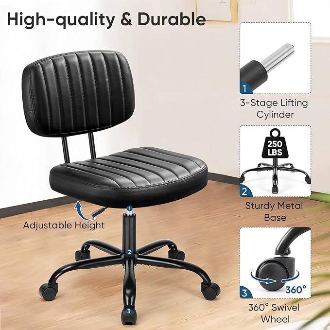DUMOS Armless Home Office Chair Ergonomic Desk with Comfy Low Back Lumbar Support, Height Adjustable PU Leather Computer Task with 360° Swivel Wheels, for Small Space, Kids and Adults, Black - LeafyLoom