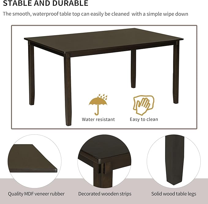 6-Piece Classic Dinette Sets Rectangular Wooden Kitchen Dining Table, 4 Fabric Chairs & Bench, for Diningroom Living Room, Easy to Assemble, Espresso 4 - LeafyLoom