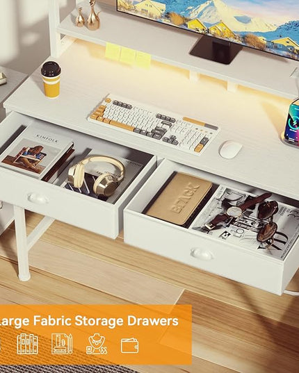 Furologee Small White Computer Desk with Power Outlet and 2 Fabric Drawers, 40" Makeup Vanity Desk with LED Light, Home Office Desk with Monitor Stand, Gaming Desk with Hutch for Small Space - LeafyLoom