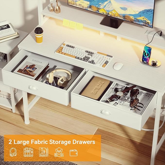 Furologee Small White Computer Desk with Power Outlet and 2 Fabric Drawers, 40" Makeup Vanity Desk with LED Light, Home Office Desk with Monitor Stand, Gaming Desk with Hutch for Small Space - LeafyLoom