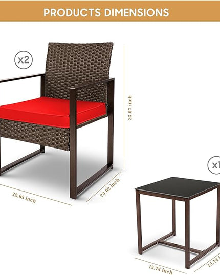 YIYAN 3 Pieces Outdoor Furniture Set Patio Rattan Wicker Chairs & teatable,Lawn Garden Balcony Backyard,with Washable Cushion (Red) - LeafyLoom