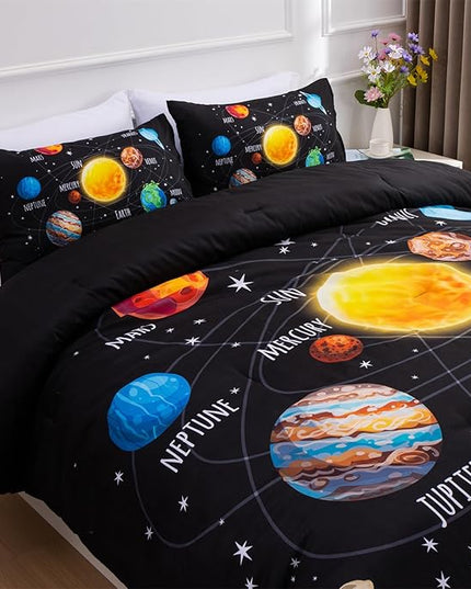 Aimuan Space Comforter Twin Set Kids Rocket Bedding Set Super Soft & Cute Aliens UFO Printed for Boys Girls Teen (Black 1, Twin) - LeafyLoom