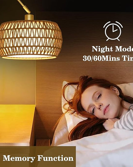 Gold Floor Lamps for Living Room, Arc Floor Lamp with Remote & Dimmable Bulb, Boho Rattan Standing lamp with 3 Color Temperatures, Height Adjustable Tall Lamp for Bedroom, Over Couch Reading Lamp - LeafyLoom