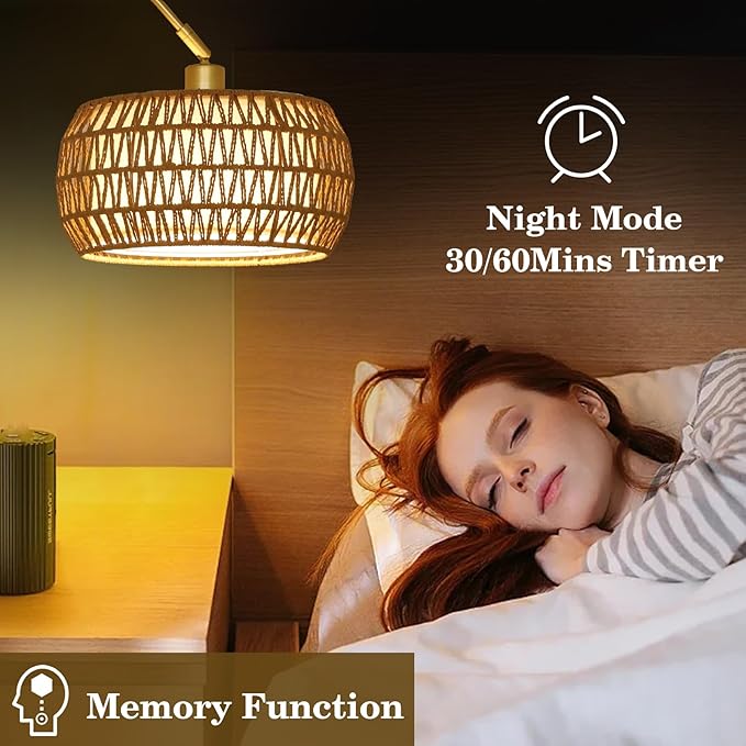 Gold Floor Lamps for Living Room, Arc Floor Lamp with Remote & Dimmable Bulb, Boho Rattan Standing lamp with 3 Color Temperatures, Height Adjustable Tall Lamp for Bedroom, Over Couch Reading Lamp - LeafyLoom