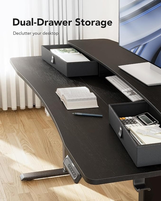 HUANUO 48″ x 24″ Electric Standing Desk with 2 Drawers, C-Clamp Mount Compatible, Height Adjustable Computer Desk, Home Office Stand Up Desk with 4 Preset Heights & 2 Hooks, Black - LeafyLoom