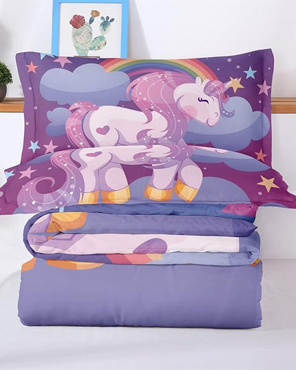 Unicorn Twin Bedding Sets for Girls Kids Comforter Set Twin Size with 2 Pillowcases Purple Rainbow Glittering Unicorn Room Decor for Girls Bedroom Ultra Soft Machine Washable Toddler Bed Set - LeafyLoom