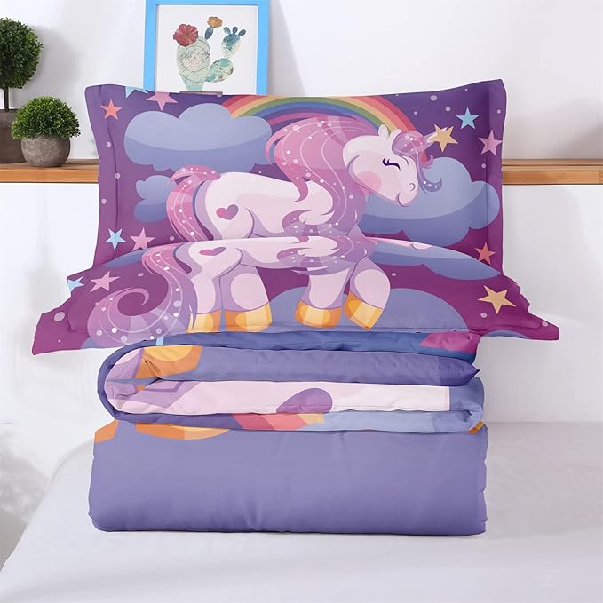 Unicorn Twin Bedding Sets for Girls Kids Comforter Set Twin Size with 2 Pillowcases Purple Rainbow Glittering Unicorn Room Decor for Girls Bedroom Ultra Soft Machine Washable Toddler Bed Set - LeafyLoom