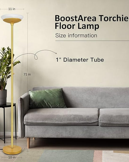 BoostArea Torchiere Floor Lamp, 24W Super Bright LED Standing Lamp, 3000K Stepless Dimmable Pole Lamp with Rotary Switch, 70 Inch Tall Metal Modern Floor Lamps for Living Room/Bedroom/Office/Den, Gold - LeafyLoom