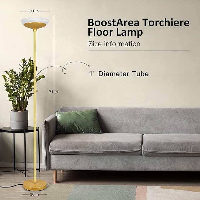 BoostArea Torchiere Floor Lamp, 24W Super Bright LED Standing Lamp, 3000K Stepless Dimmable Pole Lamp with Rotary Switch, 70 Inch Tall Metal Modern Floor Lamps for Living Room/Bedroom/Office/Den, Gold - LeafyLoom