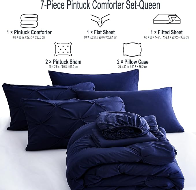 Ubauba 7pc Bed Comforter Set Queen Size, 7 Piece Dark Blue Bedding Sets with Comforters and Sheets, Royal Blue Soft and Fluffy Bed in a Bag Set (Navy,Queen) - LeafyLoom