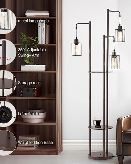 Dimmable floor lamp with tray，Industrial Farmhouse Floor Lamp adjustable Angle，3 Light Rustic Standing Tall Lamp for living room, bedroom and office （bulbs included） - LeafyLoom