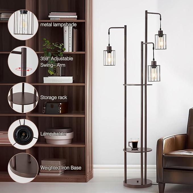 Dimmable floor lamp with tray，Industrial Farmhouse Floor Lamp adjustable Angle，3 Light Rustic Standing Tall Lamp for living room, bedroom and office （bulbs included） - LeafyLoom