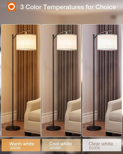 addlon Floor Lamp for Living Room with 3 Color Temperatures, Standing lamp with Linen lampshade for Bedroom, Office, Lamps with 9W LED Bulb Included - Black with Beige Lampshade - LeafyLoom