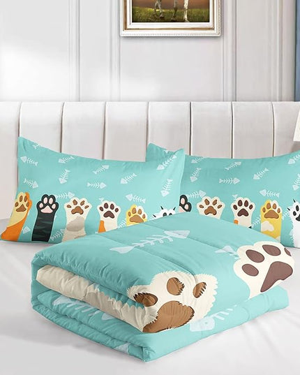 Datura home Cat Paws Comforter Bedding Set for Kids Teens,Cartoon Cat Paws and Fish Bones Pattern Lightweight Cyan Comforter with 2 Pillowcases,3pcs(Cat Paws Full) - LeafyLoom