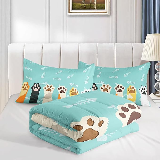Datura home Cat Paws Comforter Bedding Set for Kids Teens,Cartoon Cat Paws and Fish Bones Pattern Lightweight Cyan Comforter with 2 Pillowcases,3pcs(Cat Paws Twin) - LeafyLoom