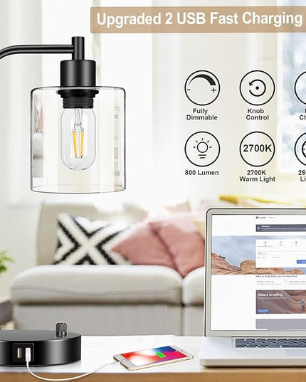 Industrial Table Lamp with 2 USB Charging Ports, Fully Stepless Dimmable Modern Nightstand Lamp, Glass Shade Bedside Desk Lamp for Bedroom Living Room Office, 6W 2700K LED Edison Bulb Included - LeafyLoom