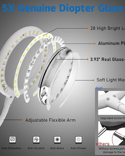 Magnifying Glass with Light and Stand, 5X Magnifying Lamp,Hands Free Desk Magnifying Glass,Desk Magnifiers with Light for Senior, Low Vision, Hobbies, Crafts - LeafyLoom