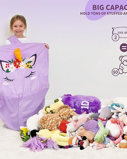 Aubliss Unicorn Stuffed Animal Storage Bean Bag Chair for Kids, Velvet Extra Soft Beanbag Chairs Cover, X-Large Stuffable Zipper Bean Bag for Organizing Plush Toys Girls Bedroom Decor, Purple Floral - LeafyLoom