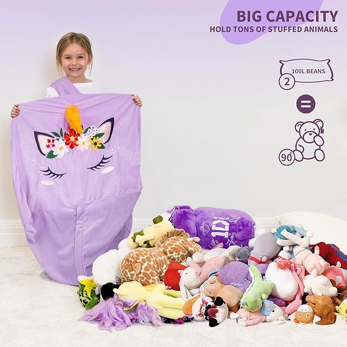 Aubliss Unicorn Stuffed Animal Storage Bean Bag Chair for Kids, Velvet Extra Soft Beanbag Chairs Cover, X-Large Stuffable Zipper Bean Bag for Organizing Plush Toys Girls Bedroom Decor, Purple Floral - LeafyLoom