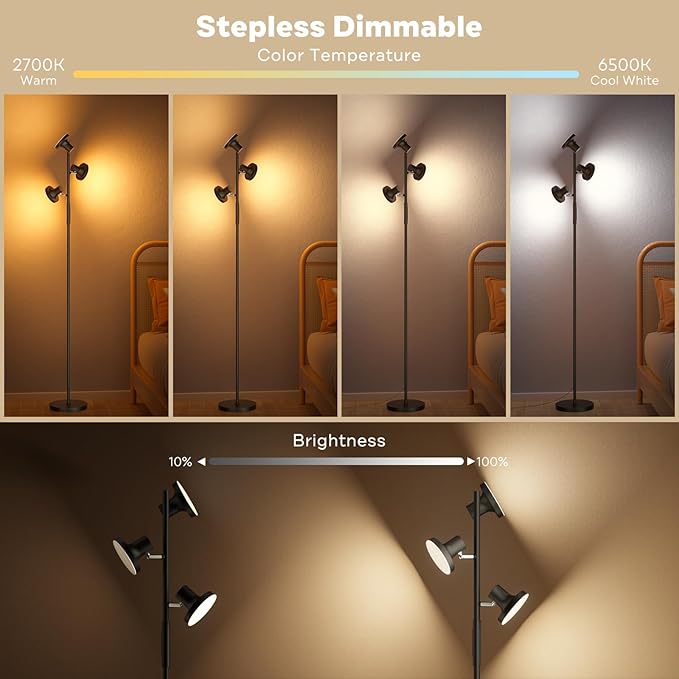 RGB Floor Lamp, 36W Bright LED Standing Lamp with 3 Swivel Lights, Color Changing Tree Tall Lamp with Remote, Stepless Dimmable Modern Floor Lamps for Living Room, Bedroom, Gaming Room,Office - LeafyLoom