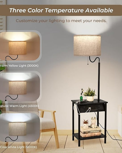 FIMEI Floor Lamp with Table, End Table with Charging Station USB Ports & Outlets, Bedside Table 3 Color Temperature Reading Light, Nightstand with Shelves for Living Room Bedroom Apartment, Black - LeafyLoom