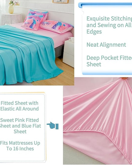 RYNGHIPY Mermaid Kids Girls Comforter Set Full Size Pink Blue Gradient Fish Tail Bed in a Bag - includes Comforter & Sheet Set for Teens Girls Super Soft Kids Bedding - LeafyLoom