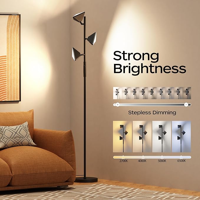 QiMH RGBCW Floor Lamp, 36W Stepless Dimmable LED Tall Standing Lamp with Touch and Remote Control, 4 Color Temperatures, 3 Rotatable Light Tree Floor Lamp for Living Room, Bedroom, Home, Office - LeafyLoom