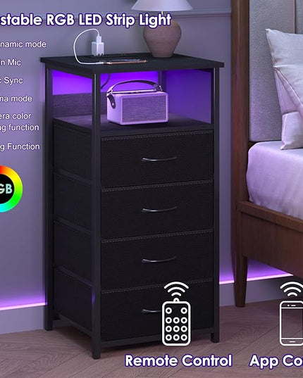 Fixwal Night Stand with Charging Station, LED Dresser for Bedroom Tall Nightstand with USB Ports and Outlets, 4 Fabric Storage Drawers with PU Finish, Bed Side Table, Black - LeafyLoom