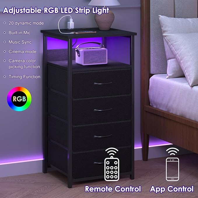 Fixwal Night Stand with Charging Station, LED Dresser for Bedroom Tall Nightstand with USB Ports and Outlets, 4 Fabric Storage Drawers with PU Finish, Bed Side Table, Black - LeafyLoom