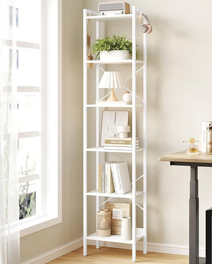 Bookshelf, Book Shelf, Industrial Bookcase with 2 Hooks, Coner Shelf Storage Organizer for Home Office, Living Room, Bedroom, Kitchen, 6-Tier White BC10713W - LeafyLoom