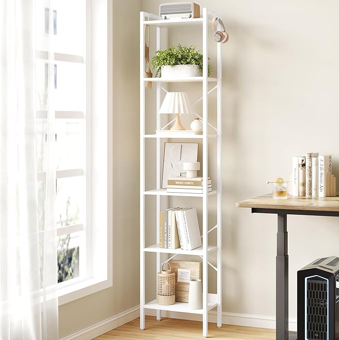 Bookshelf, Book Shelf, Industrial Bookcase with 2 Hooks, Coner Shelf Storage Organizer for Home Office, Living Room, Bedroom, Kitchen, 6-Tier White BC10713W - LeafyLoom