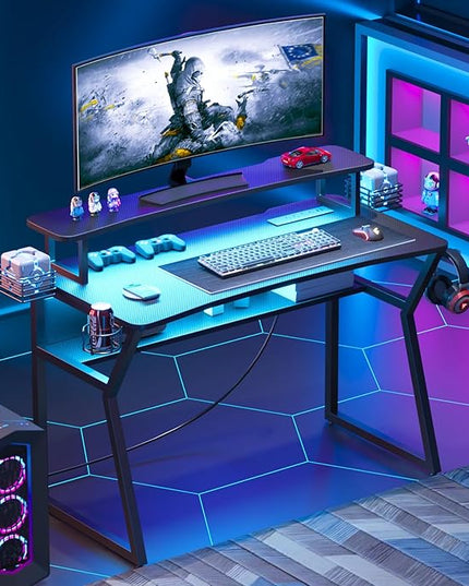 Gaming Desk with Power Outlet&Led Lights, Computer Desk with Monitor Stand and Open Shelf,Gamer Table Workstation with Cup Holder, Headphone Hook, 2 Speaker Stand for Home Office - LeafyLoom