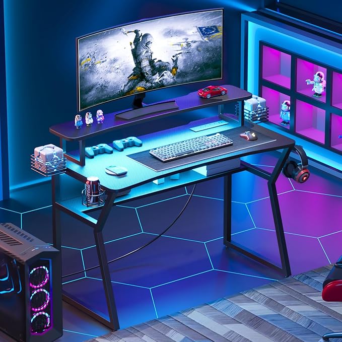 Gaming Desk with Power Outlet&Led Lights, Computer Desk with Monitor Stand and Open Shelf,Gamer Table Workstation with Cup Holder, Headphone Hook, 2 Speaker Stand for Home Office - LeafyLoom