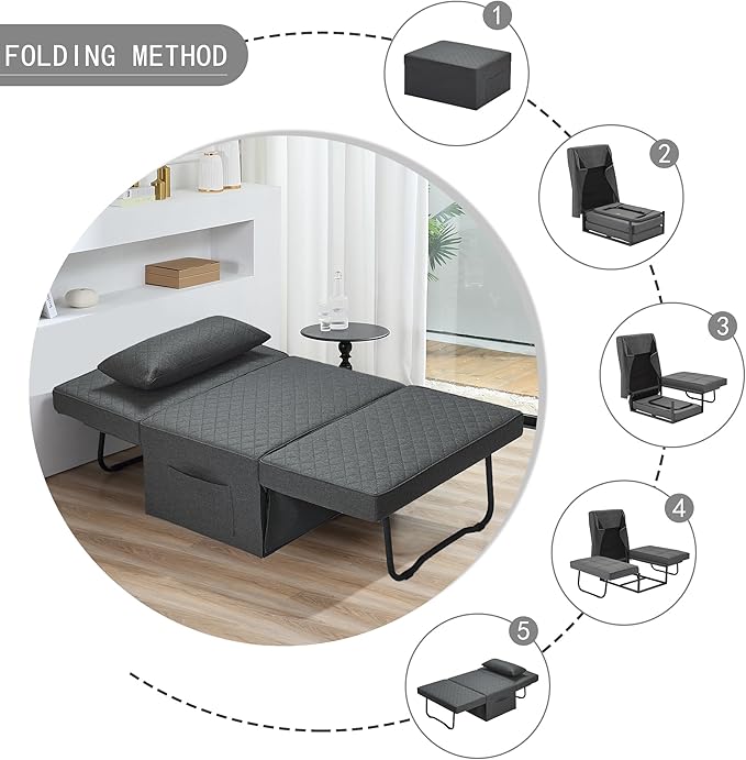 Sofa Bed, 4 in 1 Multi-Function Folding Ottoman Breathable Linen Couch Bed with Adjustable Backrest Modern Convertible Chair for Living Room Apartment Office,Squared-Linen Dark Grey - LeafyLoom