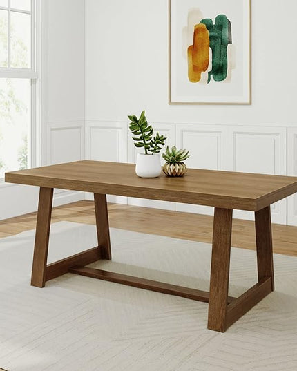 Plank+Beam 72 Inch Farmhouse Dining Table, Solid Wood Rustic Kitchen Table, Large Wooden Rectangular Dinner Table for Dining Room, Home Office, Living Room Furniture, Easy Assembly, Pecan Wirebrush - LeafyLoom