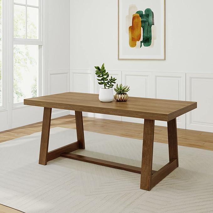 Plank+Beam 72 Inch Farmhouse Dining Table, Solid Wood Rustic Kitchen Table, Large Wooden Rectangular Dinner Table for Dining Room, Home Office, Living Room Furniture, Easy Assembly, Pecan Wirebrush - LeafyLoom