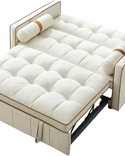 3 in 1 Tufted Sleeper Sofa Cylindrical Pillows,Modern Convertible Loveseat Sofá W Pull Out Sleep Couch Bed and Side Pockets,Velvet Upholstered Love Seat Sofabed for Living Room, 55.5", Beige1 - LeafyLoom